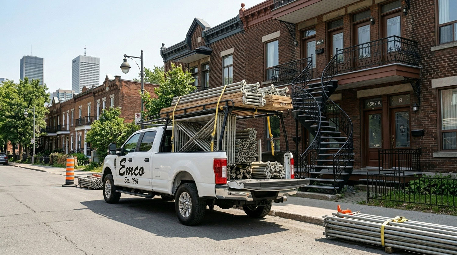 Emco Machinery delivery truck providing jobsite equipment delivery across Montreal