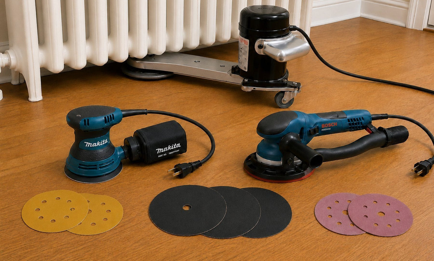 Under-radiator sander, orbital sanders and sanding discs for hardwood floor refinishing