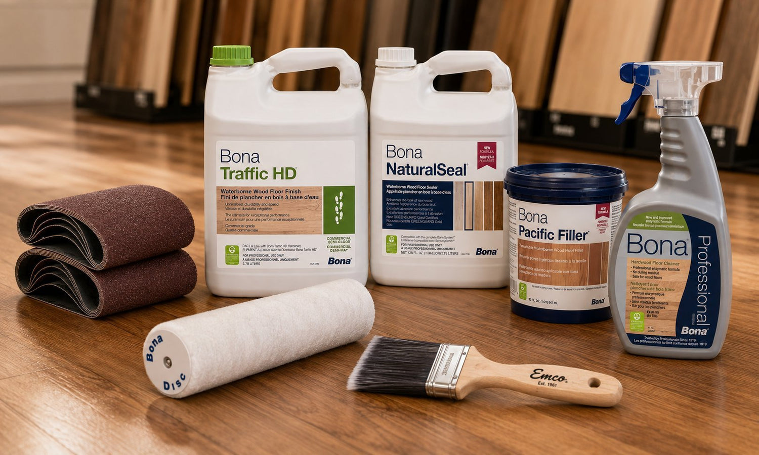 Bona hardwood floor finishes, sealer, wood filler and cleaner with sanding belts, roller and applicator brush