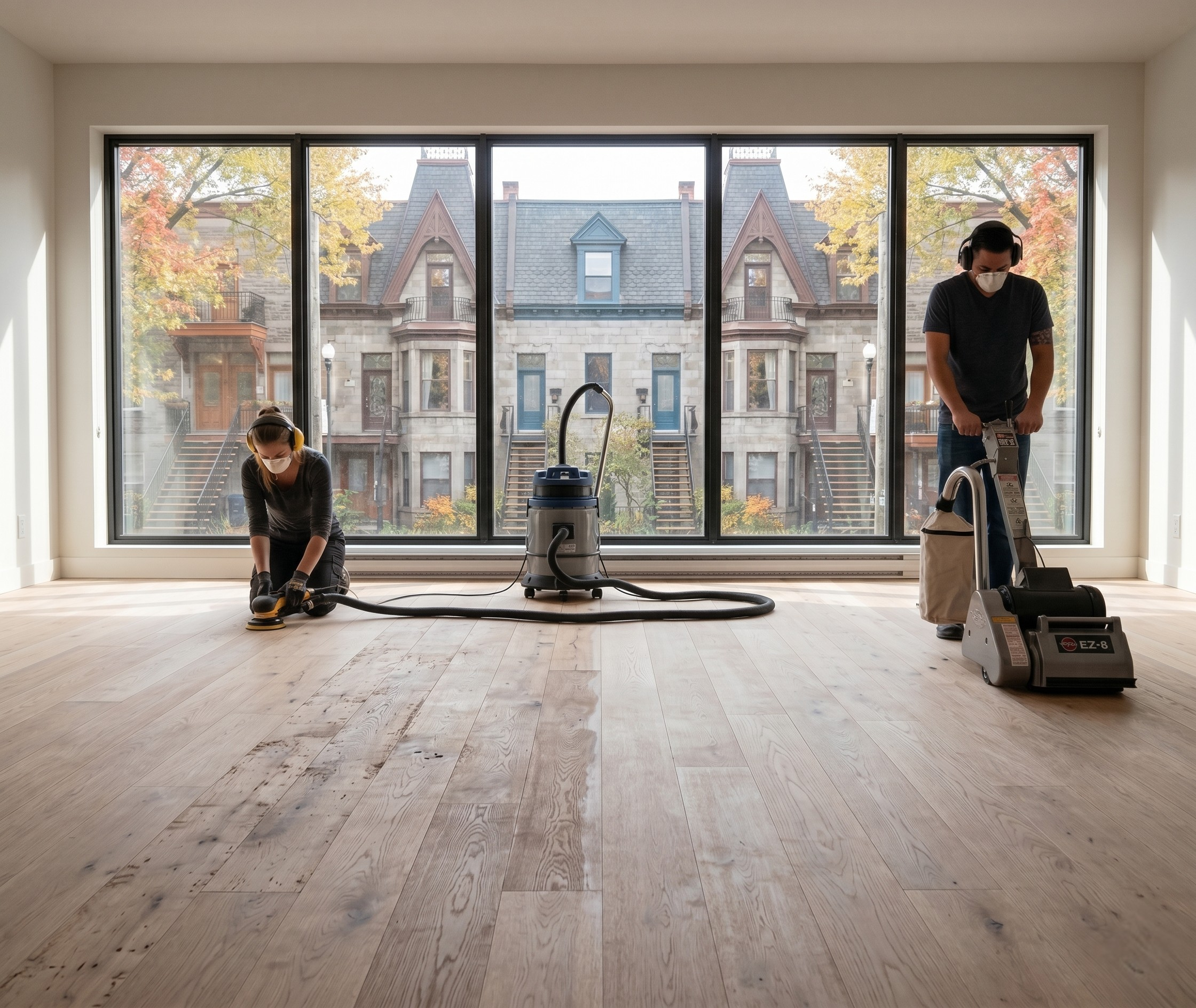 Two people using floor sanding machines in a room with large windows showing a residential Montreal street outside.