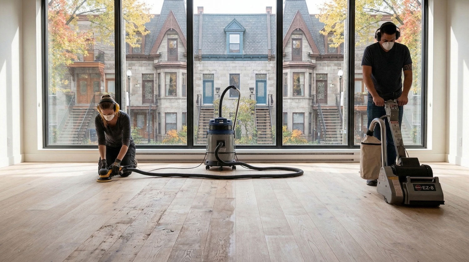 Two people using floor cleaning machines in a room with large windows showing a residential street.